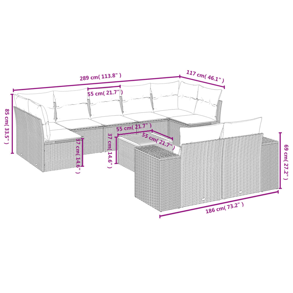 10 pcs conjunto de sofás p/ jardim com almofadões vime PE bege