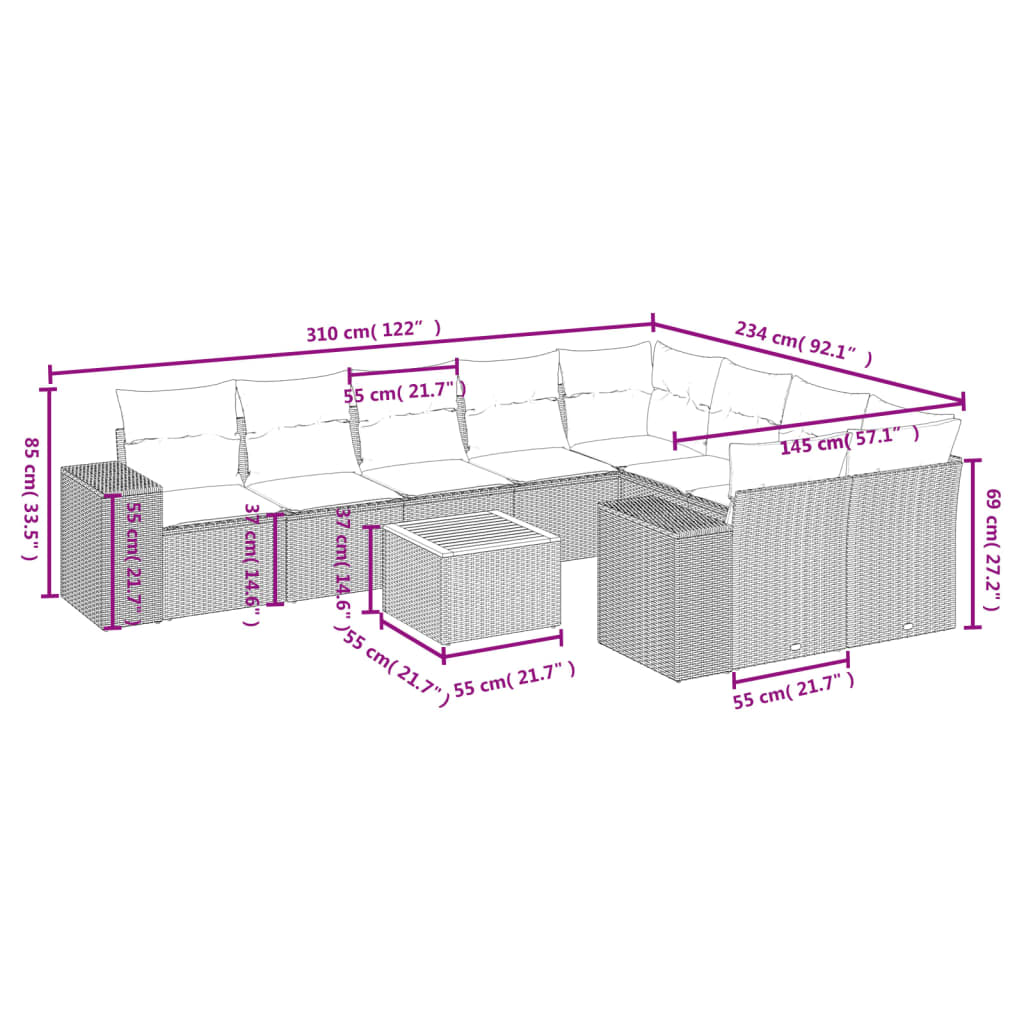 10 pcs conjunto de sofás p/ jardim com almofadões vime PE bege