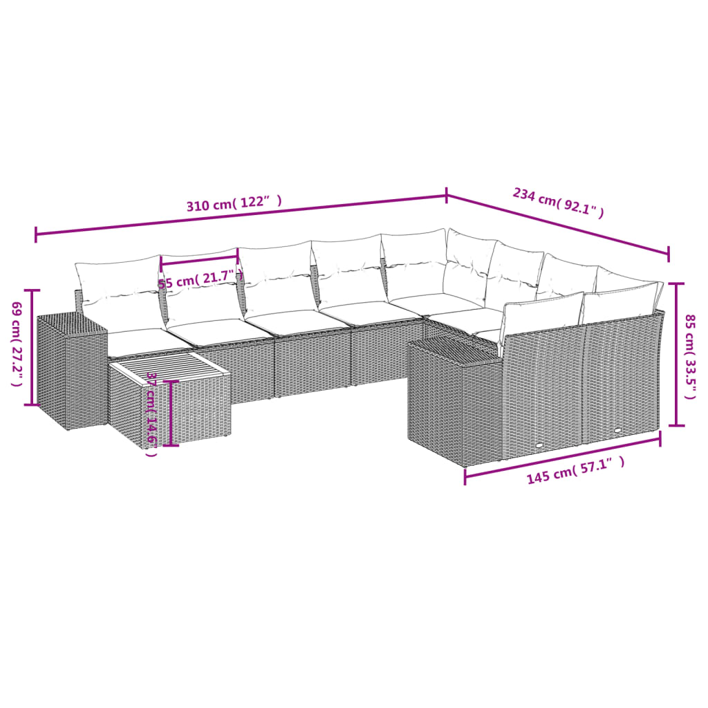 10 pcs conjunto de sofás p/ jardim com almofadões vime PE bege