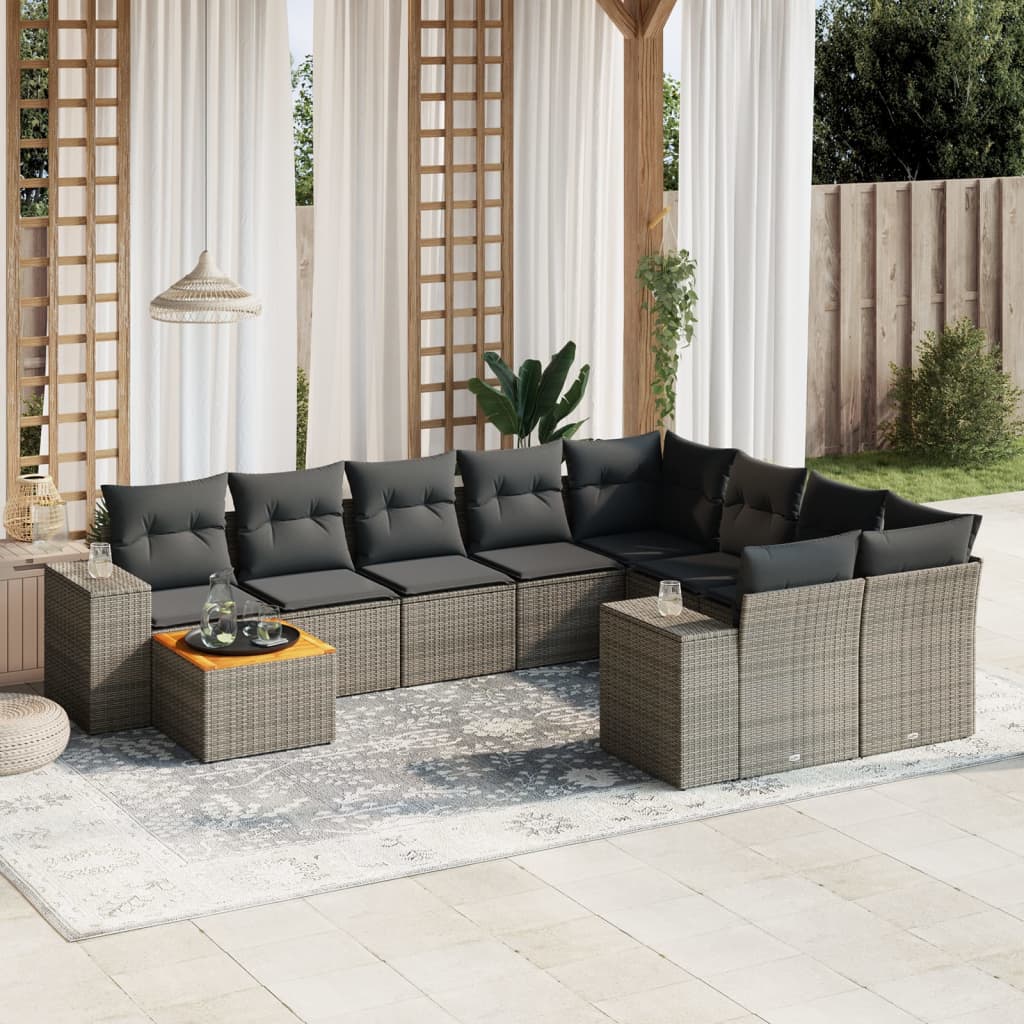 10 pcs conjunto sofás de jardim c/ almofadões vime PE cinzento