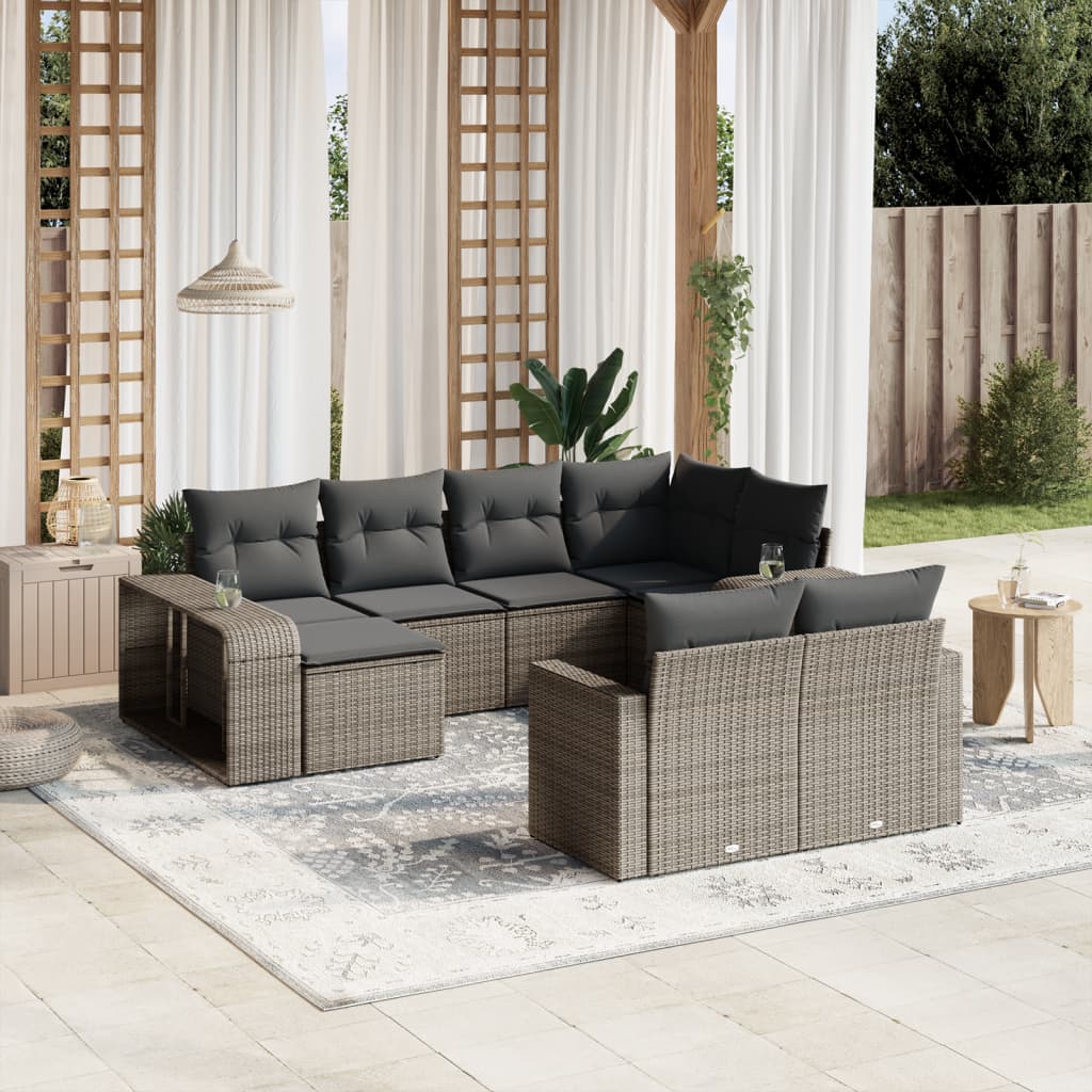 10 pcs conjunto sofás de jardim c/ almofadões vime PE cinzento