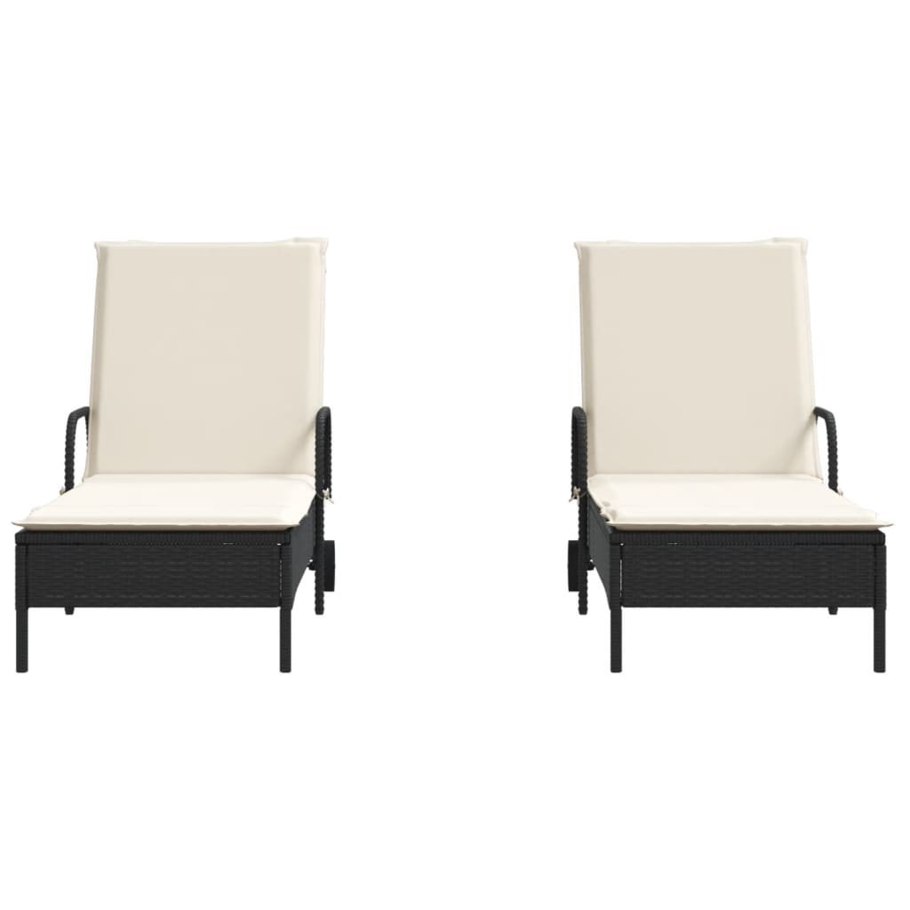 Sun loungers with cushions 2 pcs black poly rattan