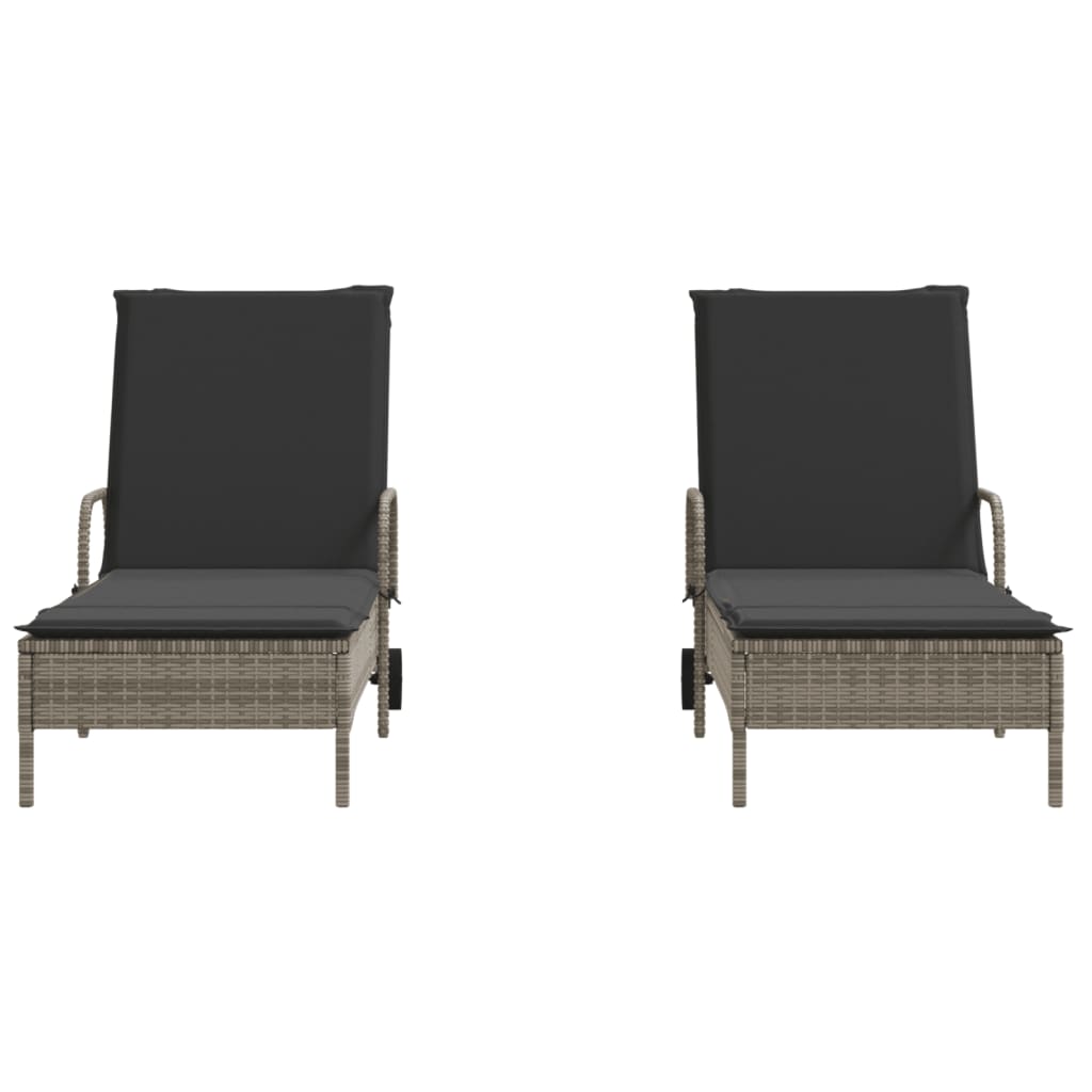 Sun loungers with cushions 2 pcs PE rattan grey