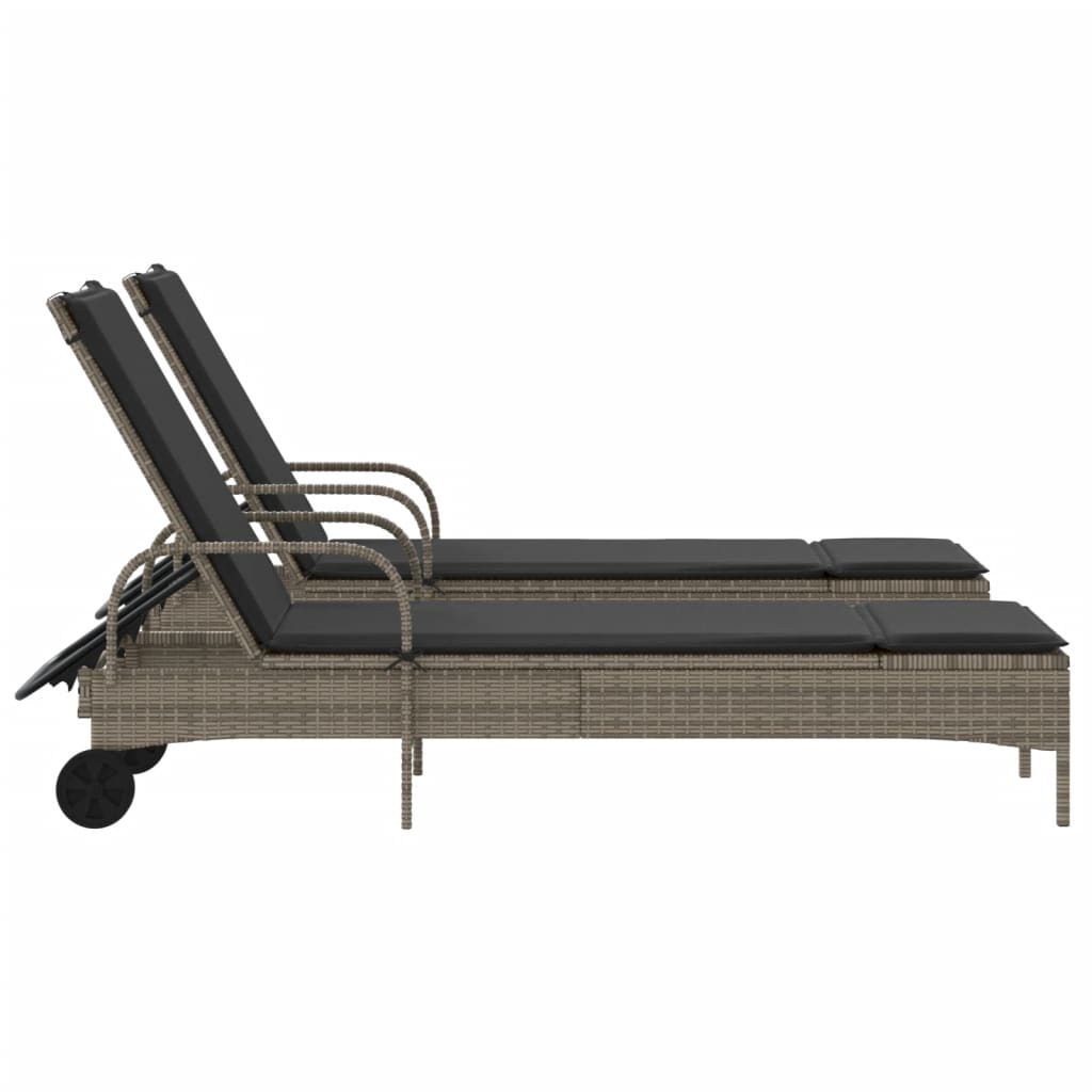 Sun loungers with cushions 2 pcs PE rattan grey