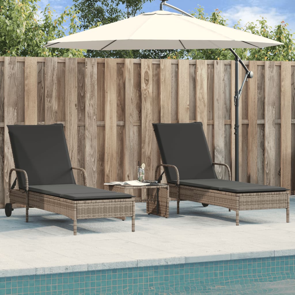 Sun loungers with cushions 2 pcs PE rattan grey