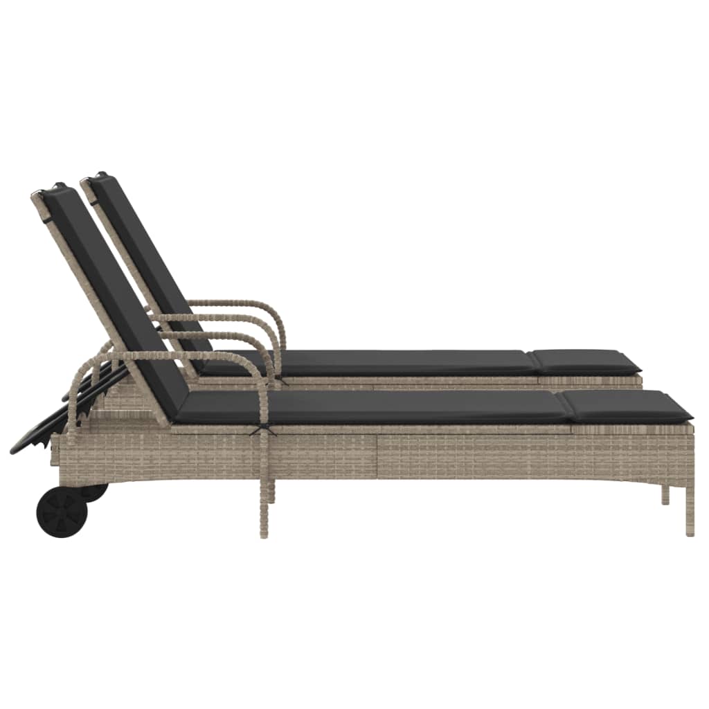 Sun lounger with cushions 2 pcs PE rattan light grey