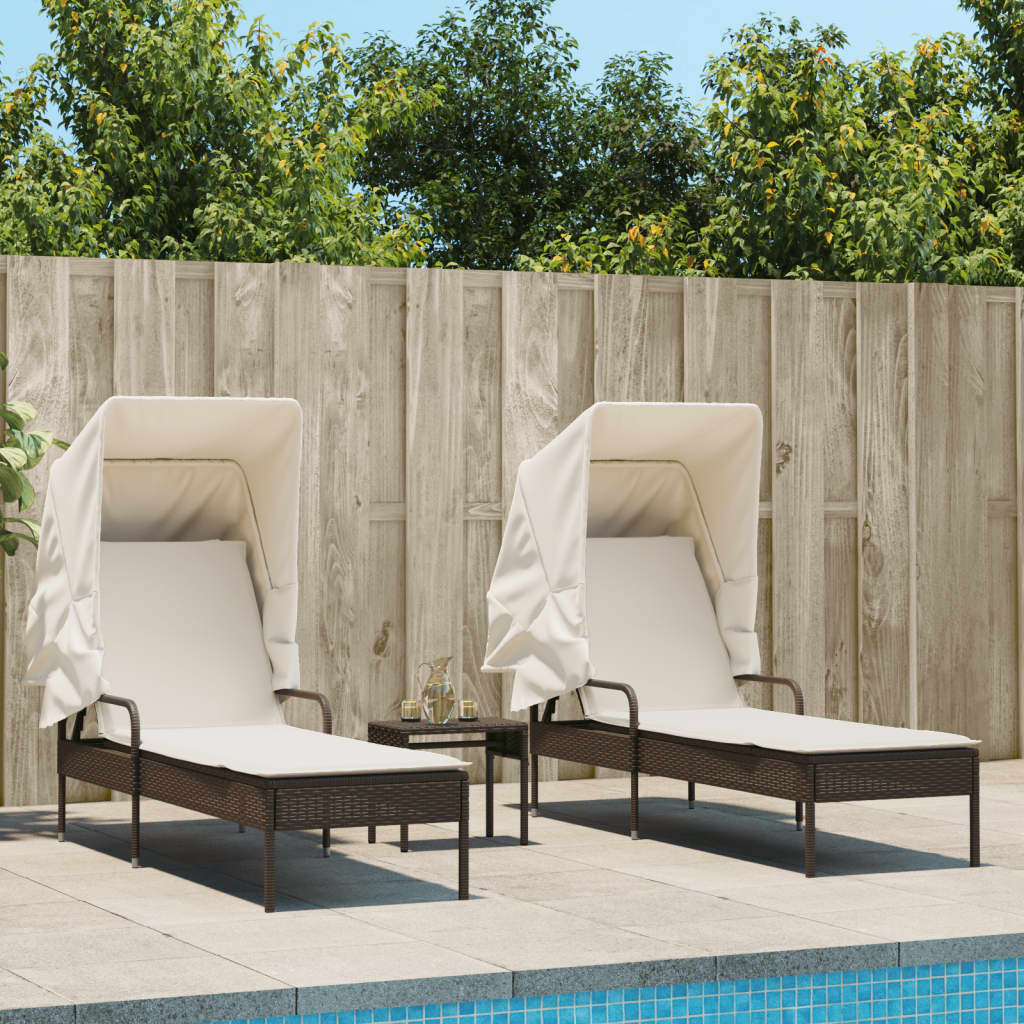 Sun loungers with canopies and table 2 pcs PE rattan brown