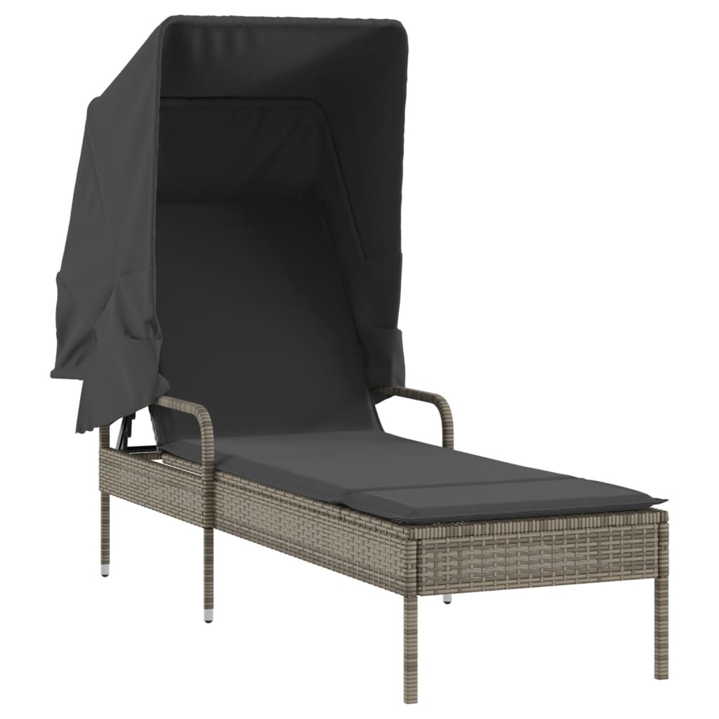 Sun loungers with canopies and table 2 pcs PE rattan grey