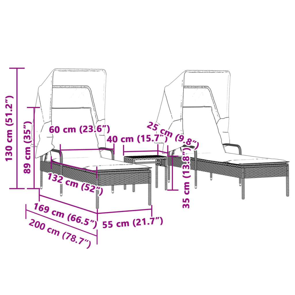 Sun loungers with canopies and table 2 pcs PE rattan beige