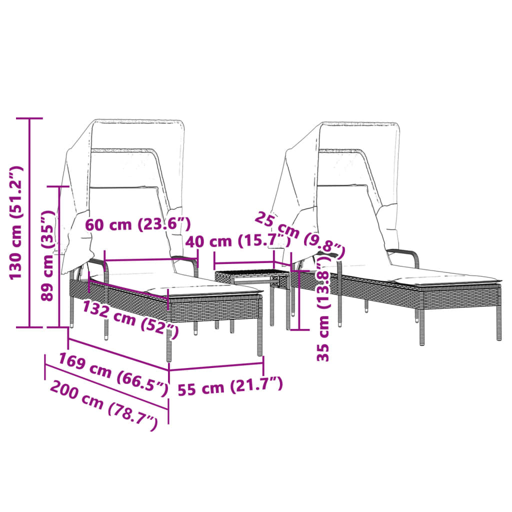Sun loungers with canopies and table 2 pcs PE rattan beige