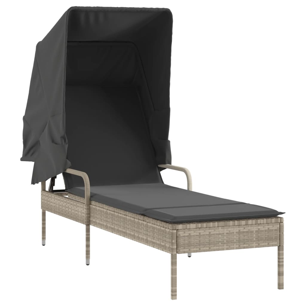 Sun loungers with canopies and table 2 pcs PE rattan light grey