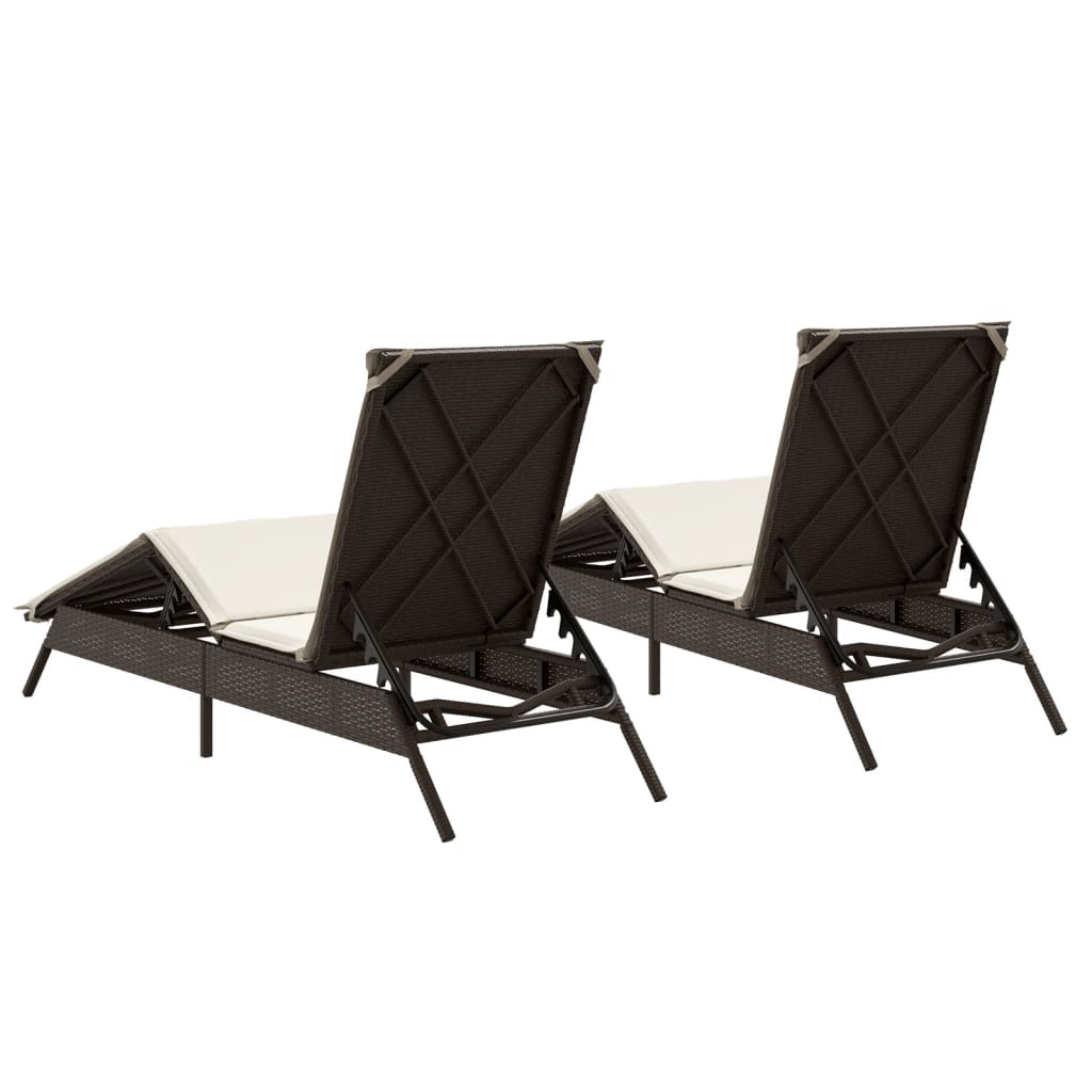 Sun loungers with cushions 2 pcs PE rattan brown