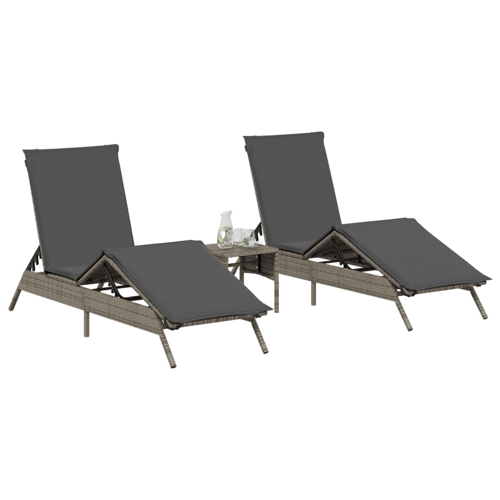 Sun loungers with cushions 2 pcs PE rattan grey