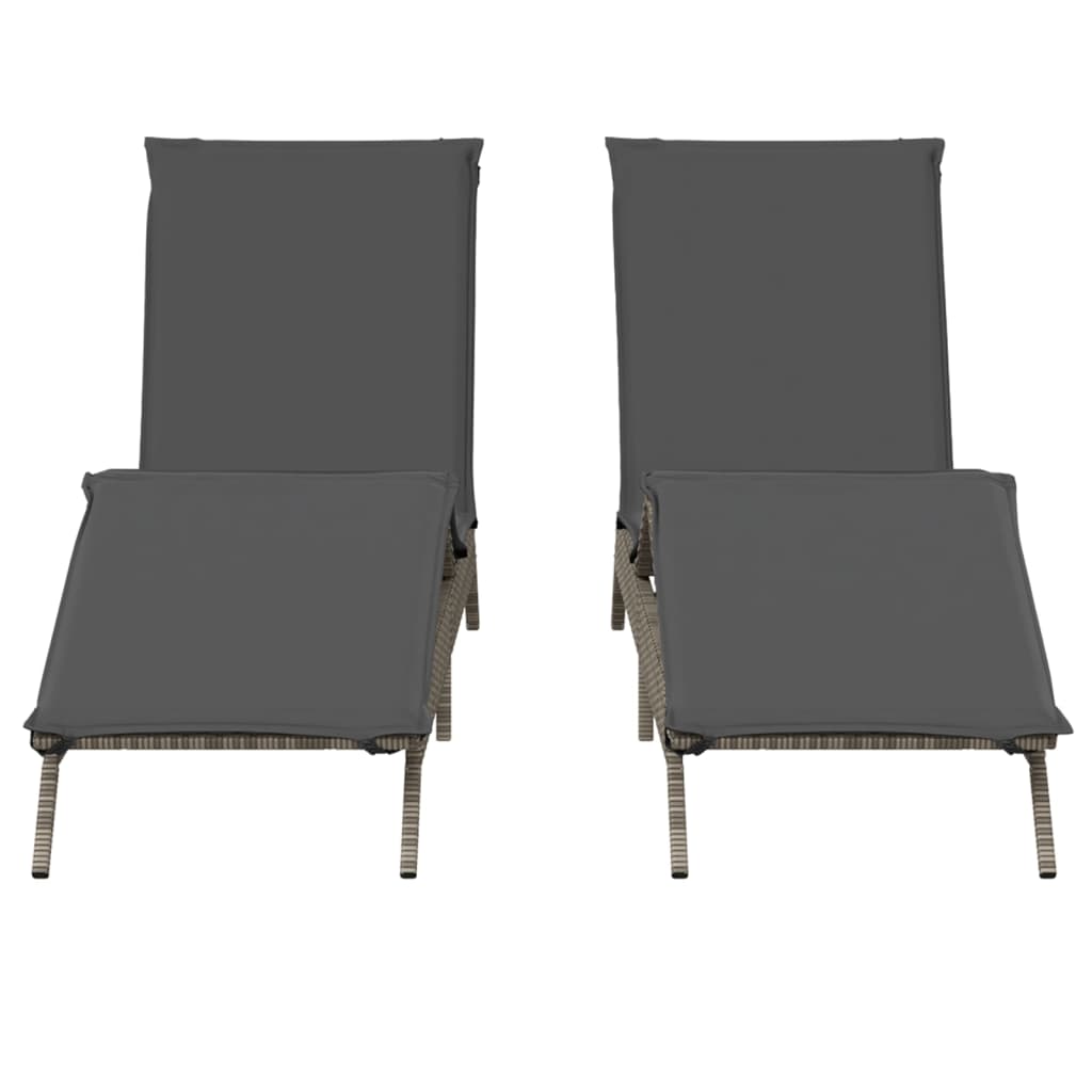 Sun loungers with cushions 2 pcs PE rattan grey