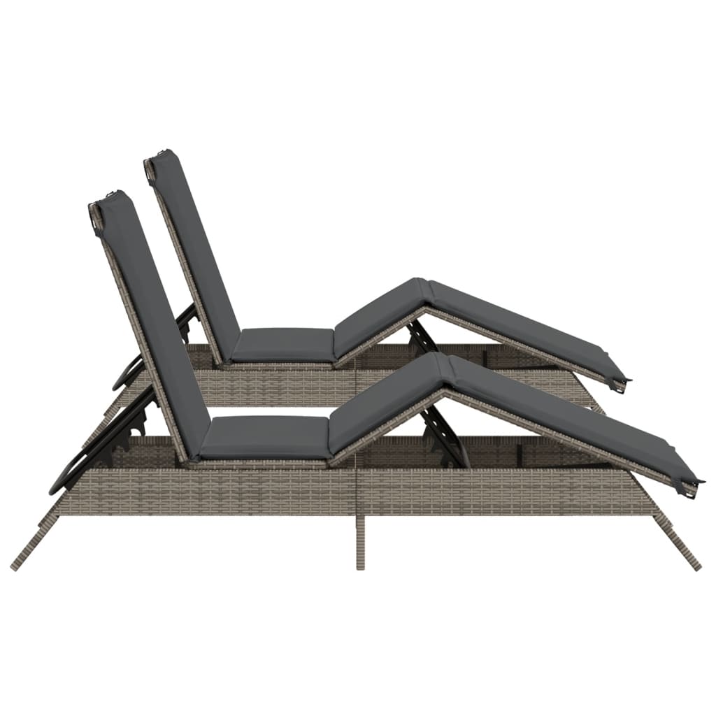 Sun loungers with cushions 2 pcs PE rattan grey