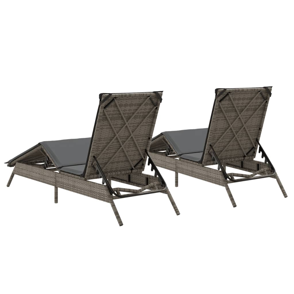Sun loungers with cushions 2 pcs PE rattan grey