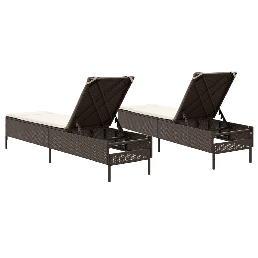 Sun loungers with cushions 2 pcs PE rattan brown