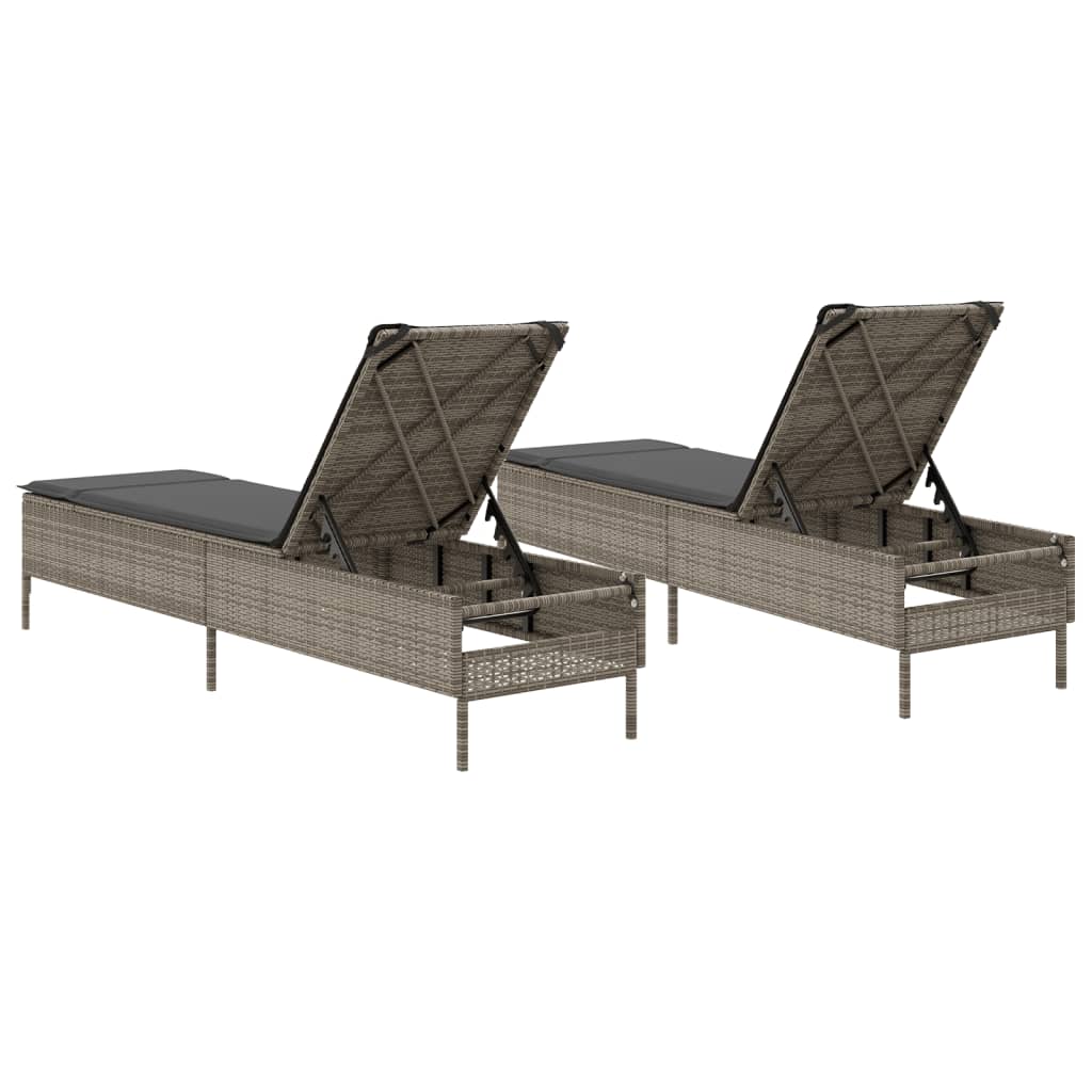 Sun loungers with cushions 2 pcs PE rattan grey