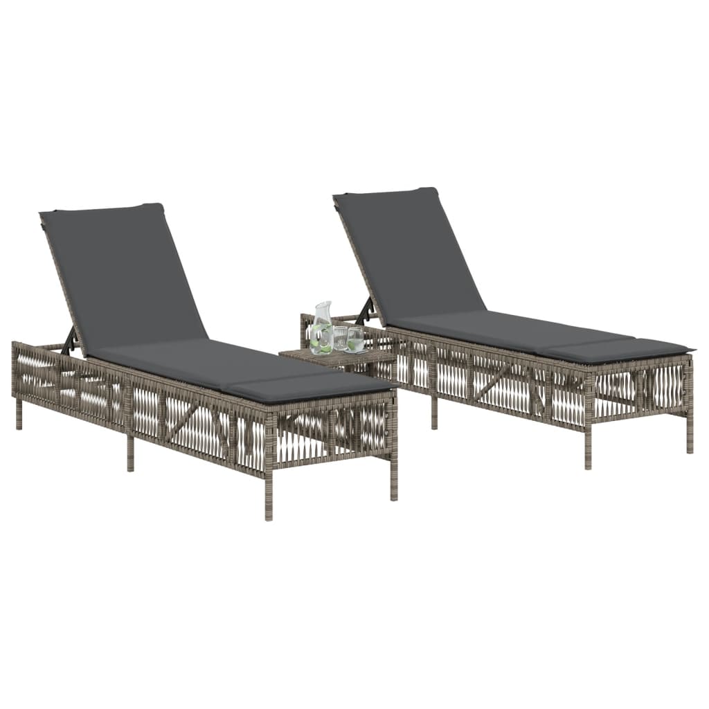 Sun loungers with cushions 2 pcs PE rattan grey