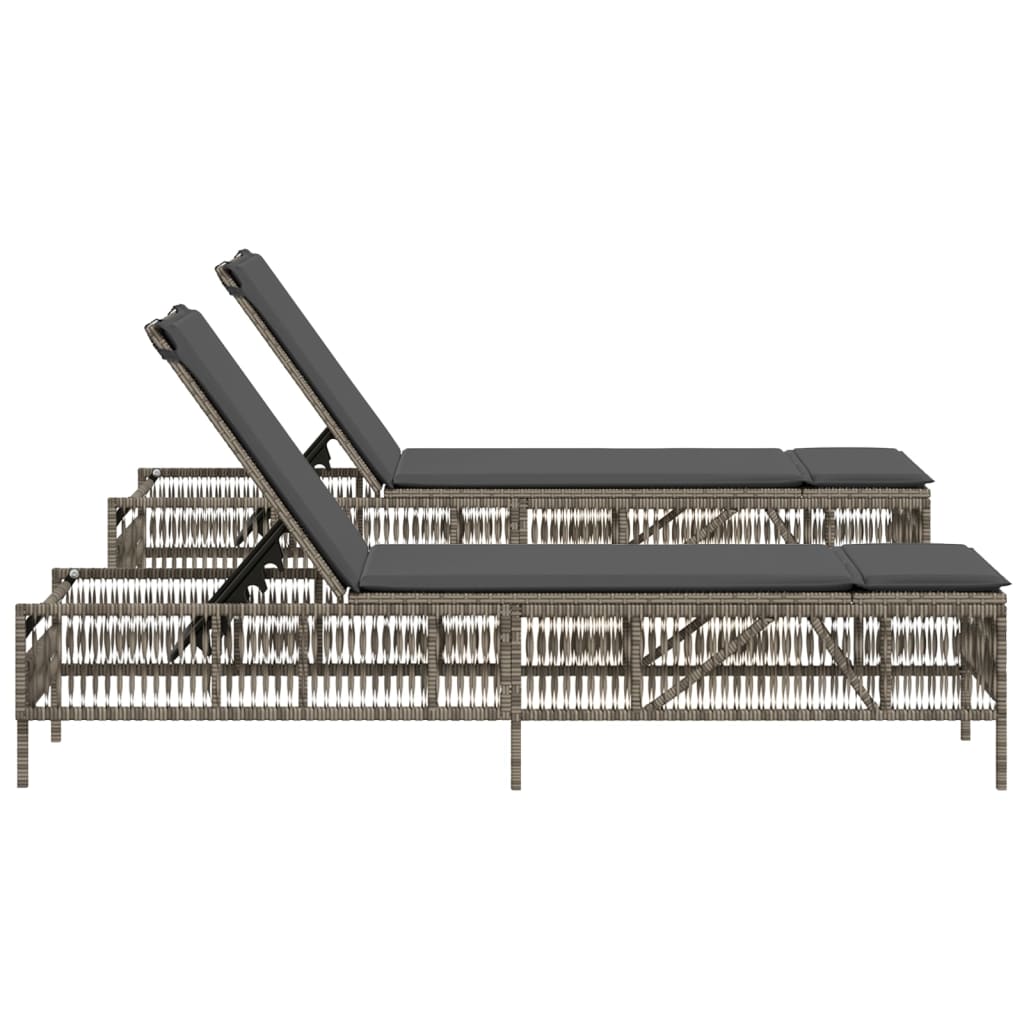 Sun loungers with cushions 2 pcs PE rattan grey