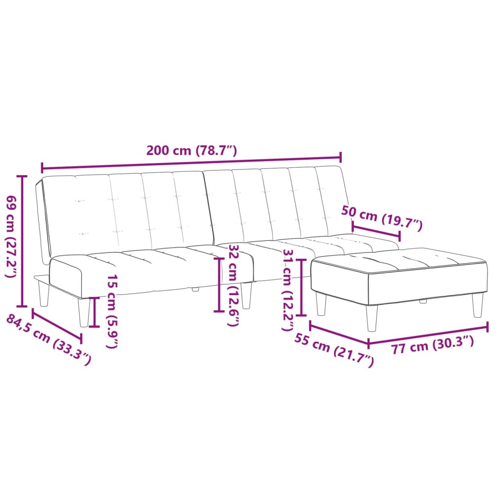Sofá-cama de 2 lugares c/ apoio de pés tecido cinzento-escuro