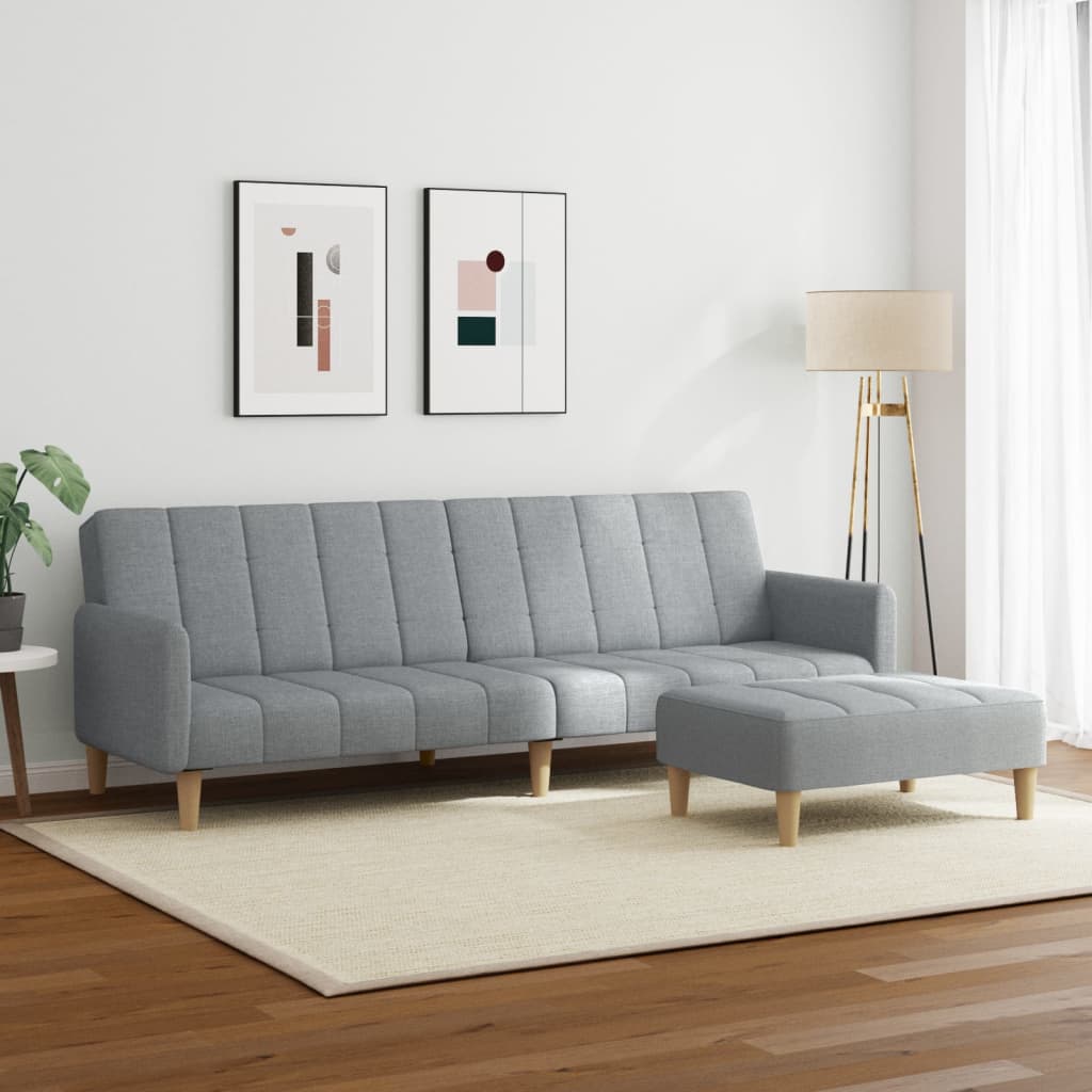 2-seater sofa bed with footrest in light grey fabric