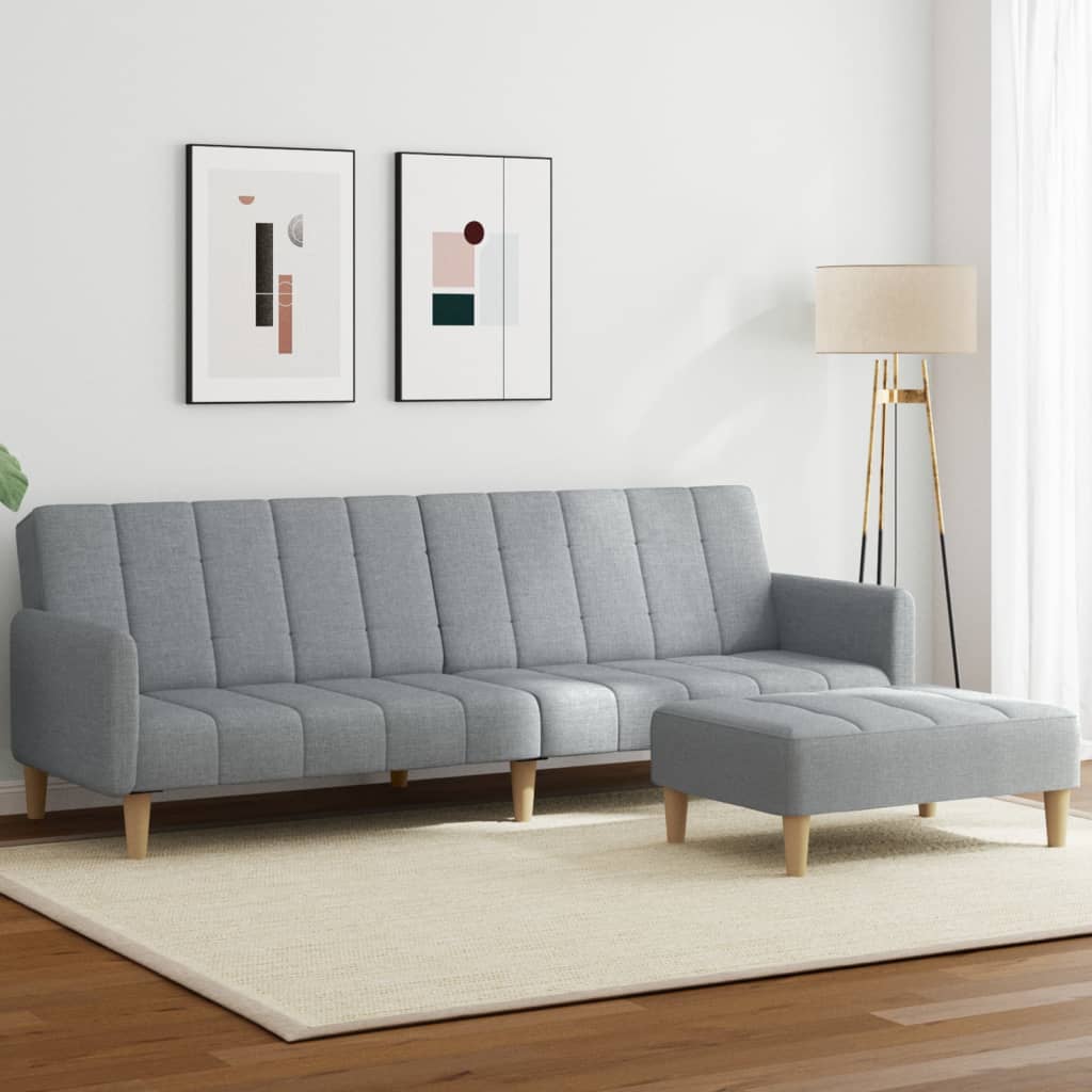2-seater sofa bed with footrest in light grey fabric