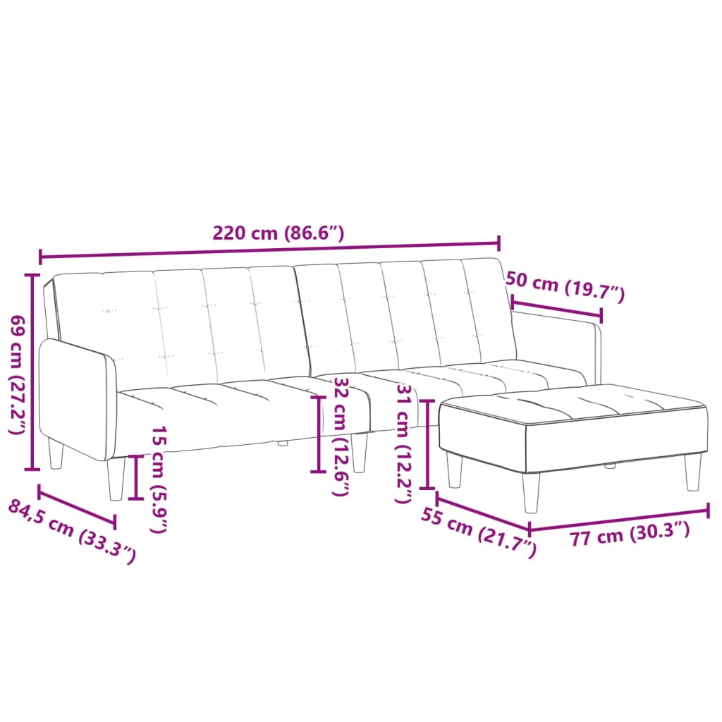 Sofá-cama de 2 lugares c/ apoio de pés tecido cinzento-escuro