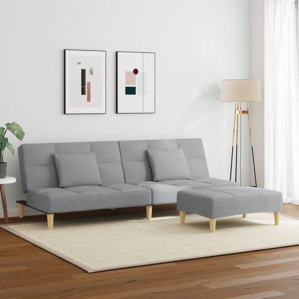 Sofá-cama de 2 lugares c/ apoio de pés tecido cinzento-claro