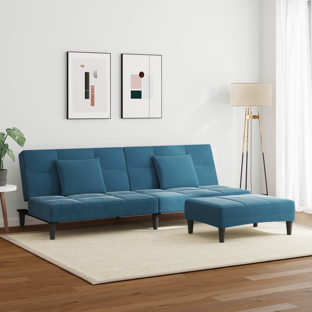 Sofá-cama 2 lugares c/ apoio de pés veludo azul