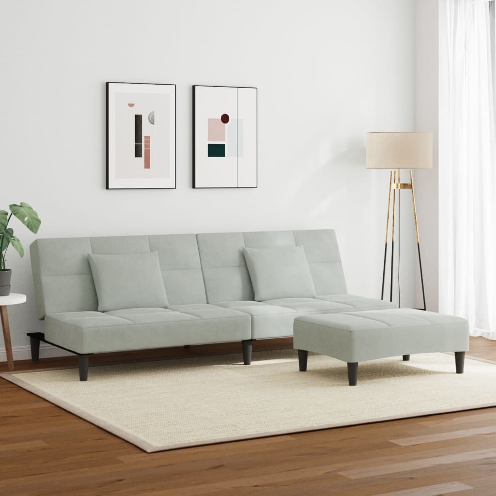 Sofá-cama 2 lugares c/ apoio de pés veludo cinza-claro