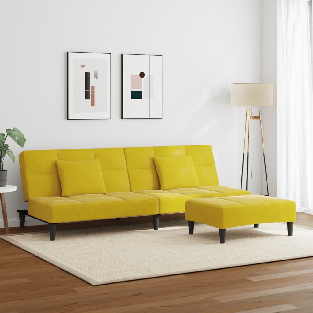 Sofá-cama 2 lugares c/ apoio de pés veludo amarelo