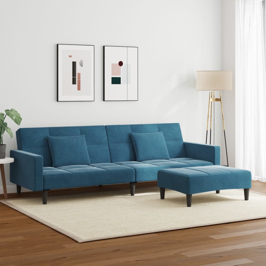 Sofá-cama 2 lugares c/ apoio de pés veludo azul