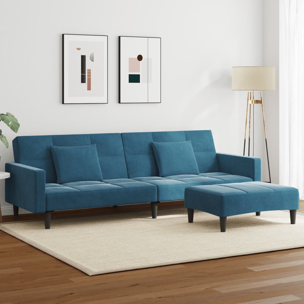 Sofá-cama 2 lugares c/ apoio de pés veludo azul