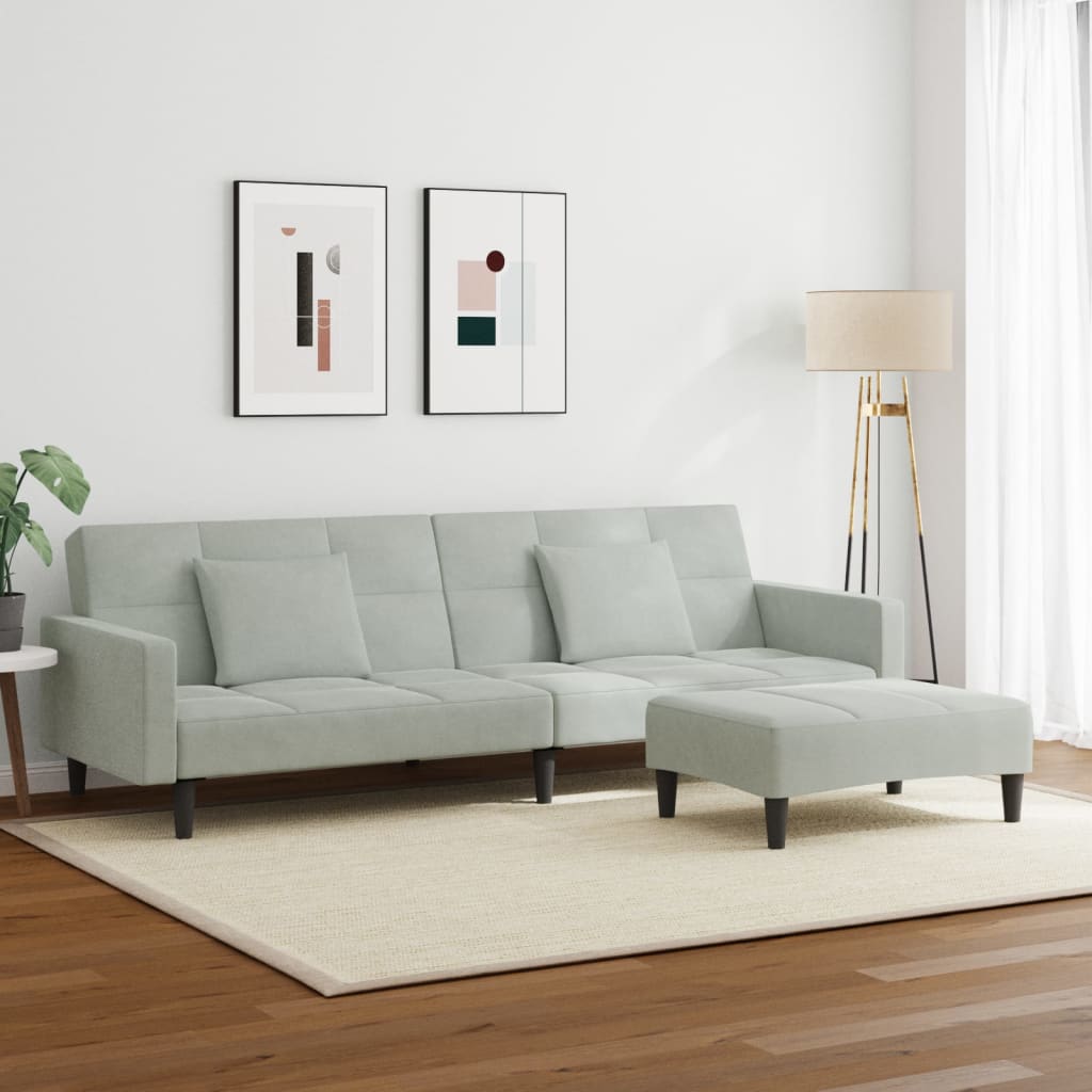 Sofá-cama 2 lugares c/ apoio de pés veludo cinza-claro