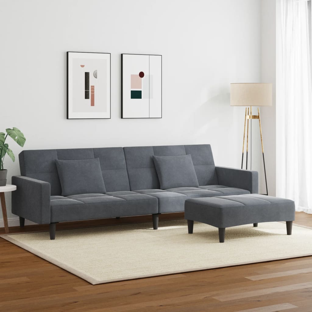 Sofá-cama 2 lugares c/ apoio de pés veludo cinzento-escuro
