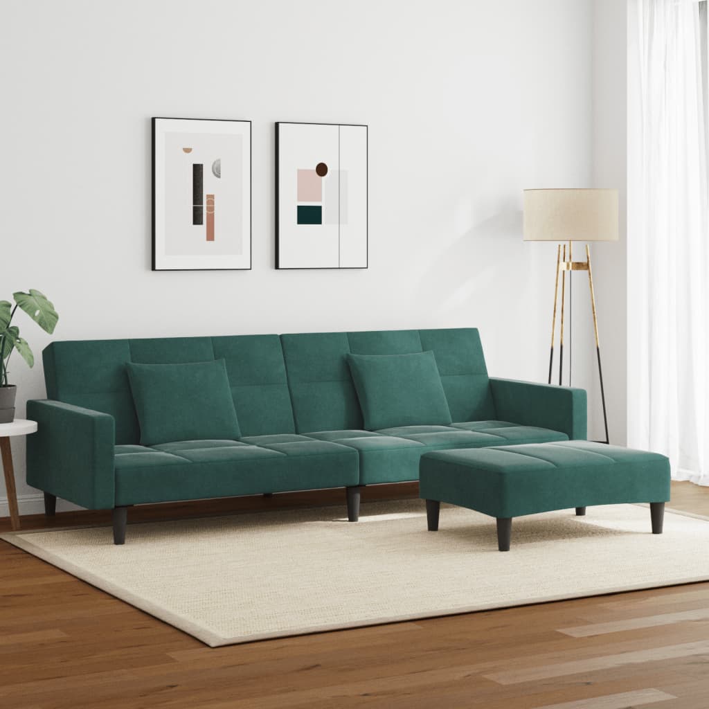 Sofá-cama 2 lugares c/ apoio de pés veludo verde-escuro