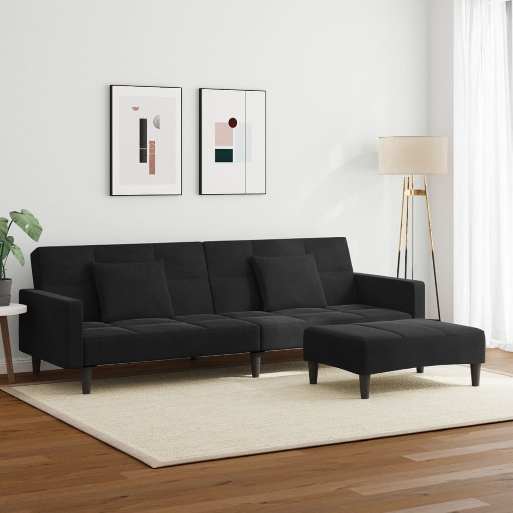 Sofá-cama 2 lugares c/ apoio de pés veludo preto