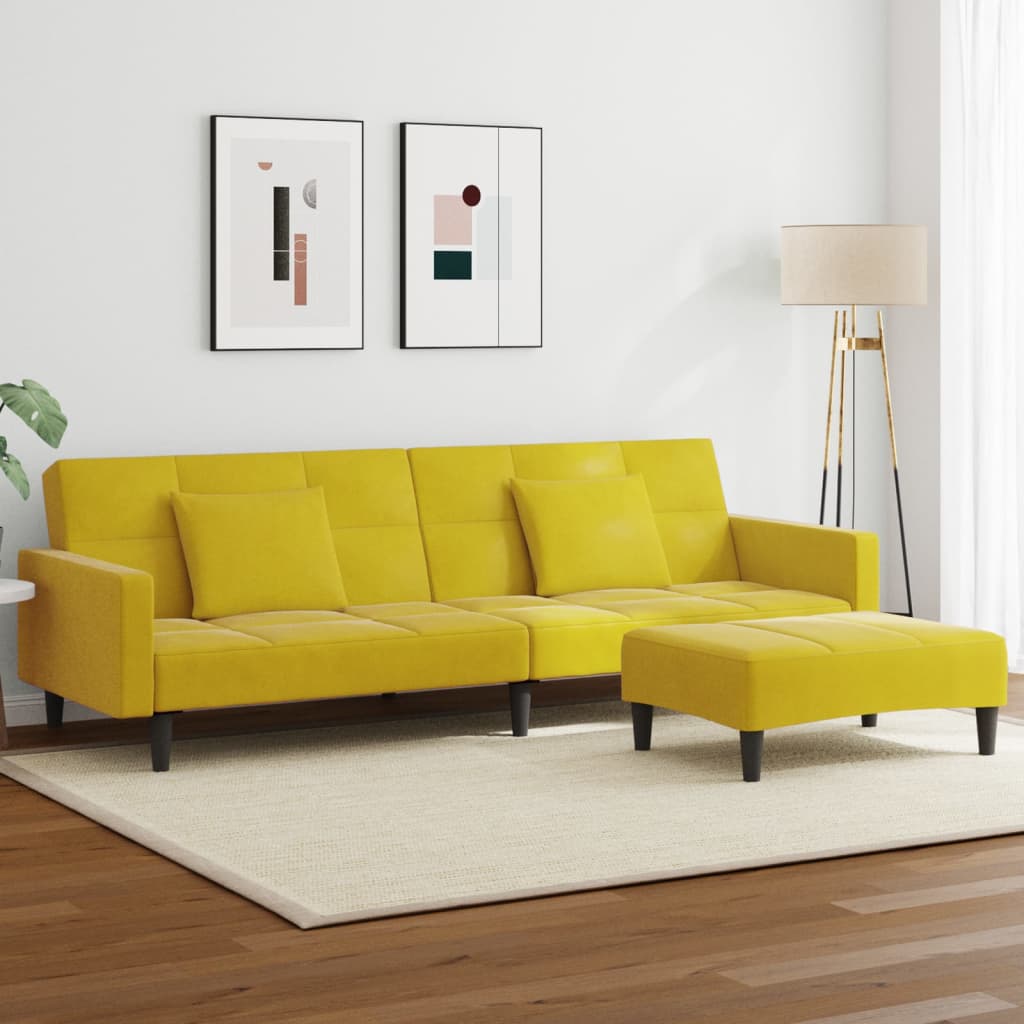 Sofá-cama 2 lugares c/ apoio de pés veludo amarelo