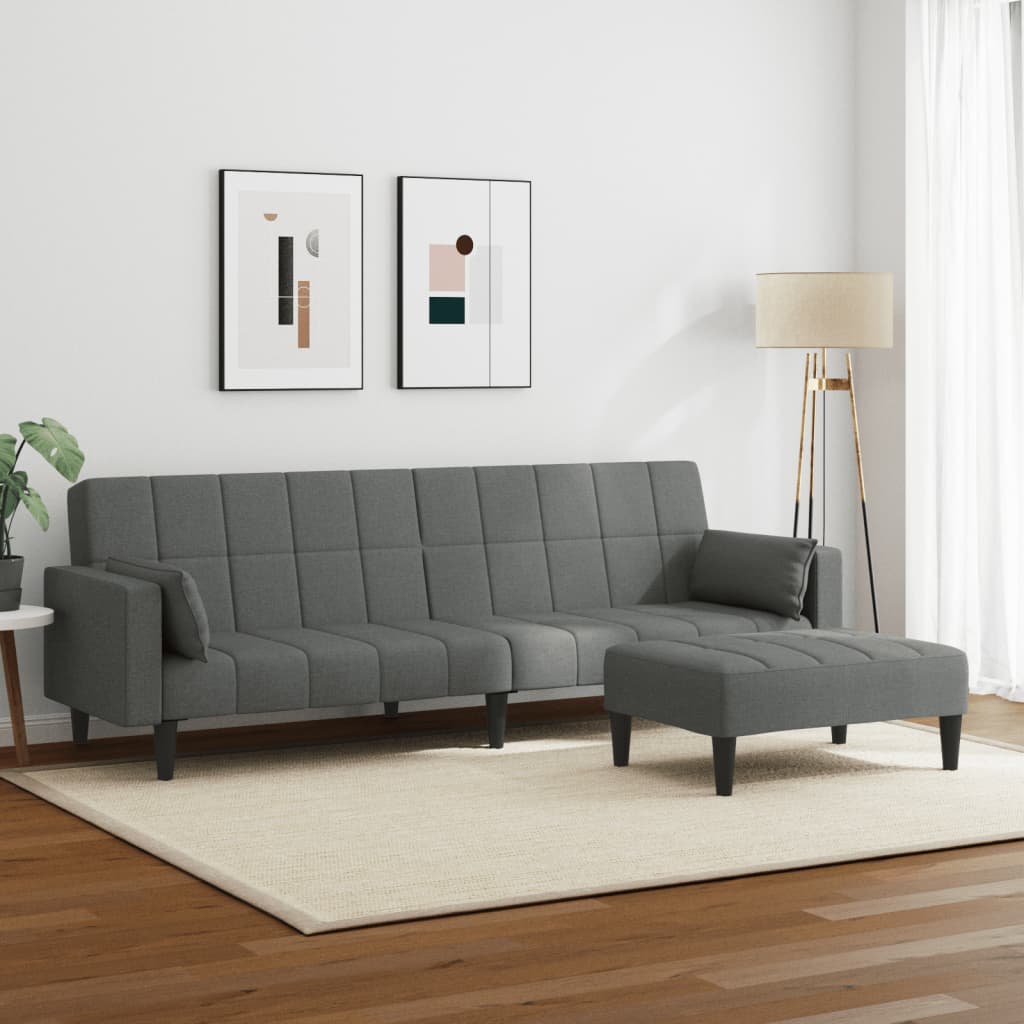 Sofá-cama de 2 lugares c/ apoio de pés tecido cinzento-escuro