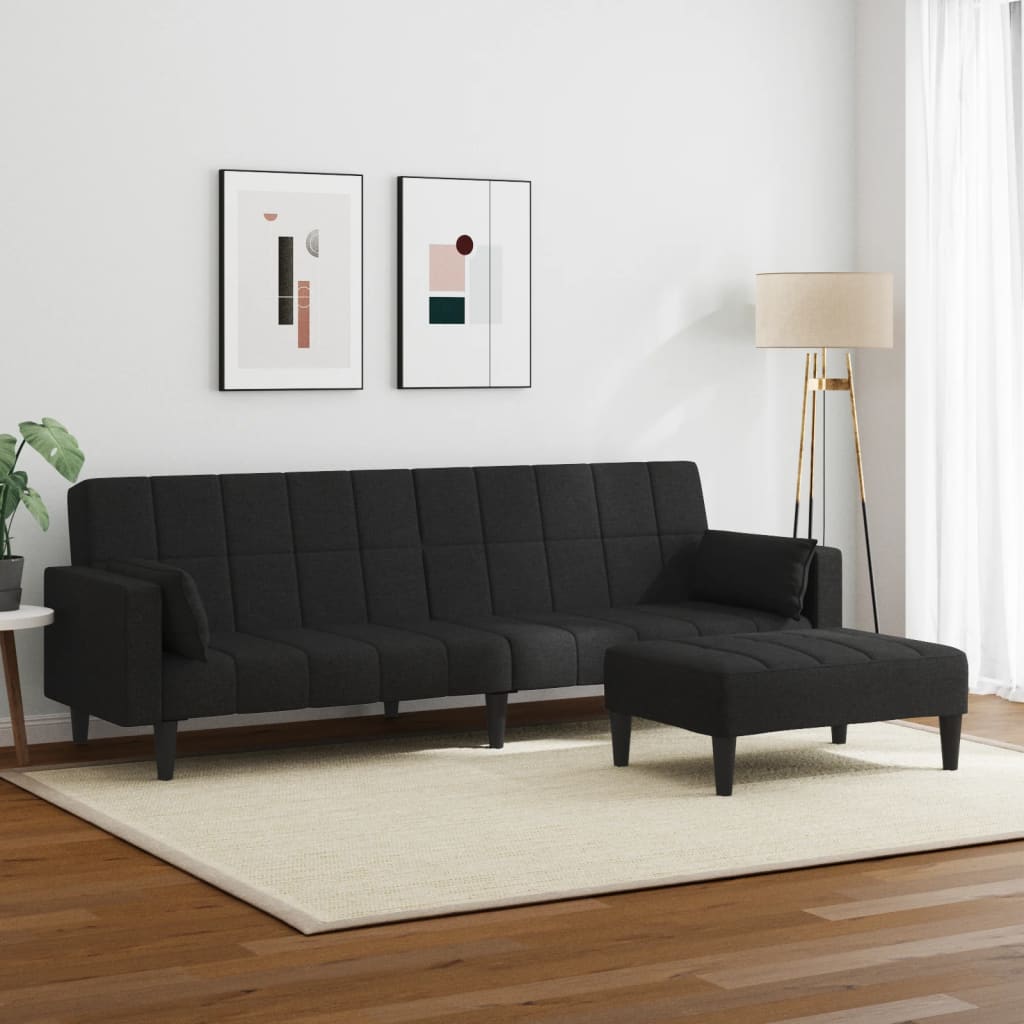 Sofá-cama de 2 lugares com apoio de pés tecido preto