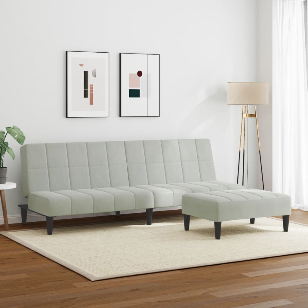 Sofá-cama 2 lugares c/ apoio de pés veludo cinza-claro