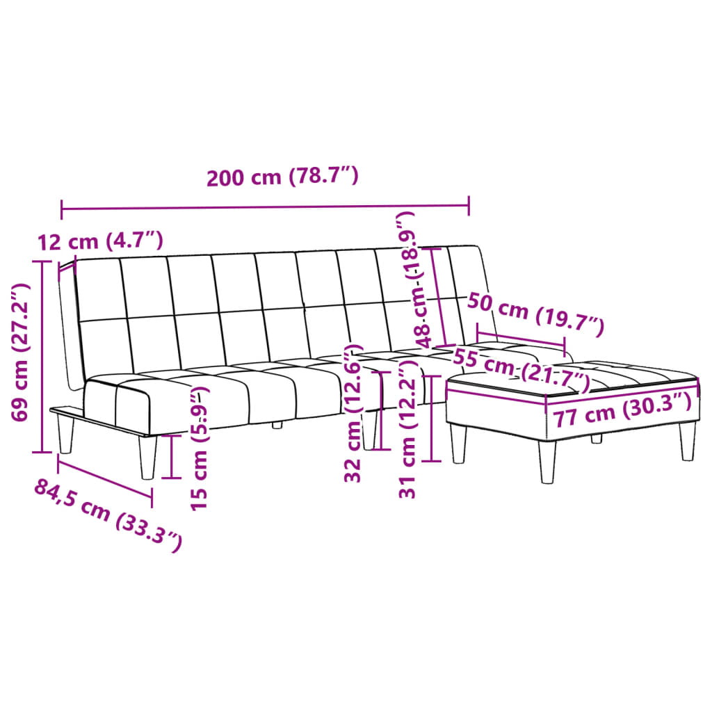 Sofá-cama 2 lugares c/ apoio de pés veludo cinza-claro