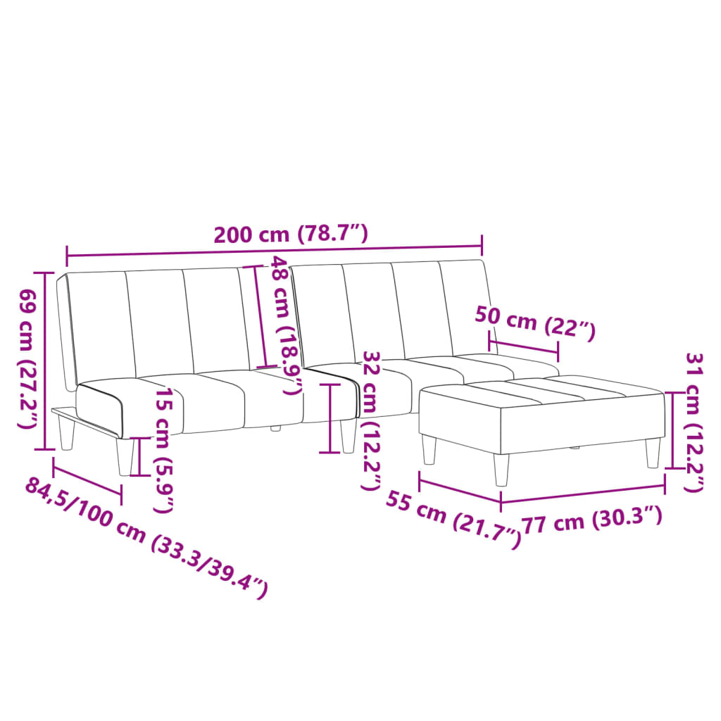 Sofá-cama de 2 lugares c/ apoio de pés tecido cinzento-escuro