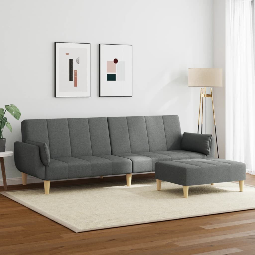 Sofá-cama de 2 lugares c/ apoio de pés tecido cinzento-escuro