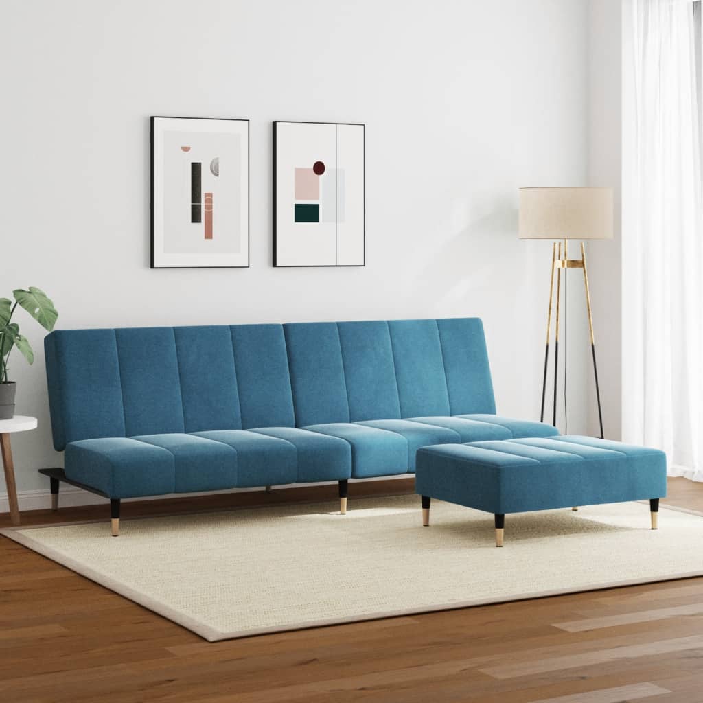 Sofá-cama 2 lugares c/ apoio de pés veludo azul