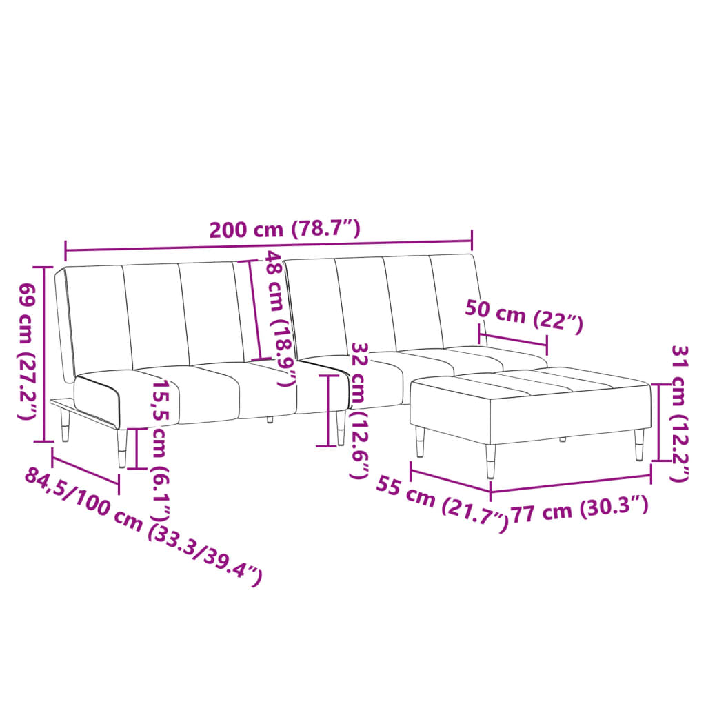 Sofá-cama 2 lugares c/ apoio de pés veludo amarelo