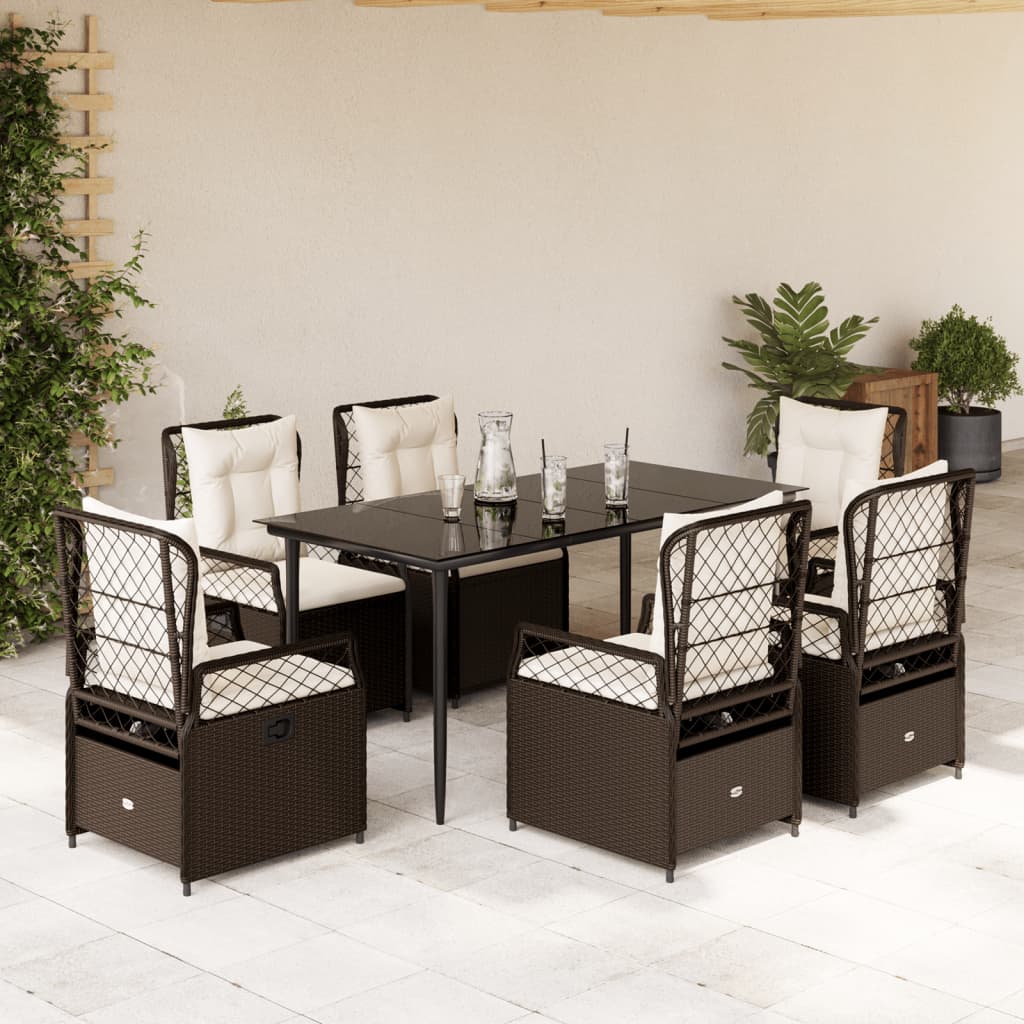 7 pcs conjunto jantar p/ jardim c/ almofadões vime PE castanho