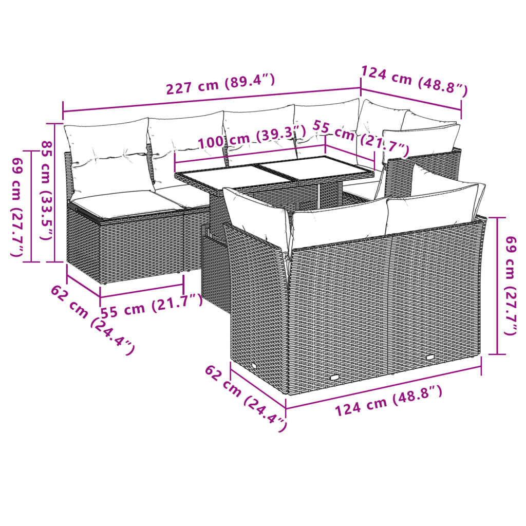 8 pcs conjunto sofás de jardim c/ almofadões vime PE castanho