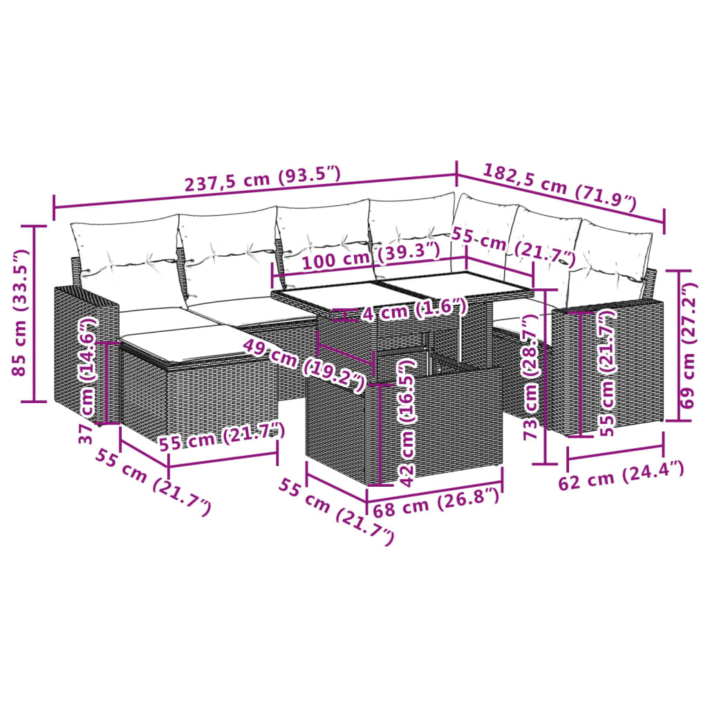 8 pcs conjunto sofás de jardim c/ almofadões vime PE castanho